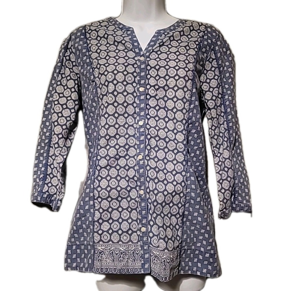 Orvis Blue Floral Print Shirt 3/4 Sleeve Sm Patchwork Button Up Cotton Boho